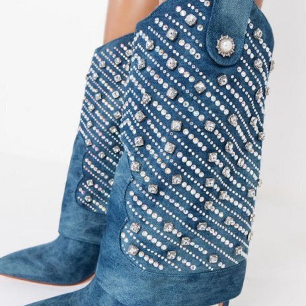 AZALEA WANG PLAYING TO WIN RHINESTONE STUDDED DENIM STILETTO BOOTIE ( BRAND NEW - Picture 13 of 13